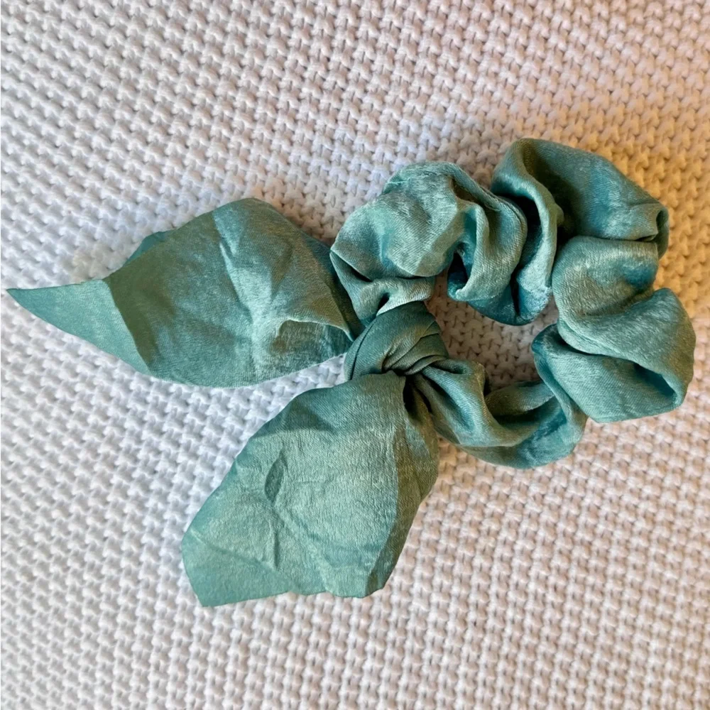 Silky Teal Blue Green Hair Scrunchie w Bow - Turquoise Elastic Band Hair Tie